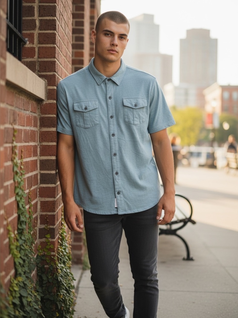 EUC The Black Dog Button Front Polo Shirt Men’s Large Blue Cotton Short Sleeve‎